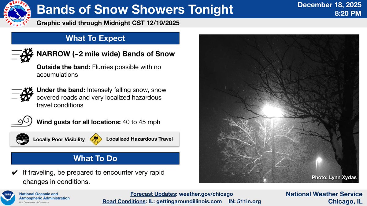 NWSChicago's tweet image. Very narrow bands of more intense snow are moving over IL. For very few locations that end up under one of these bands, look for intensely falling, wind driven snow resulting in hazardous travel. Motorists: be prepared for very rapid changes to conditions tonight. #ILwx #INwx