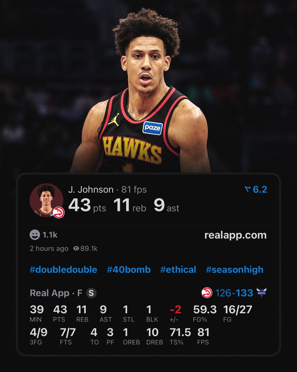 TheDunkCentral's tweet image. JALEN JOHNSON TONIGHT:

43 POINTS 
11 REBOUNDS 
9 ASSISTS 
59% FG

(Via @realapp )