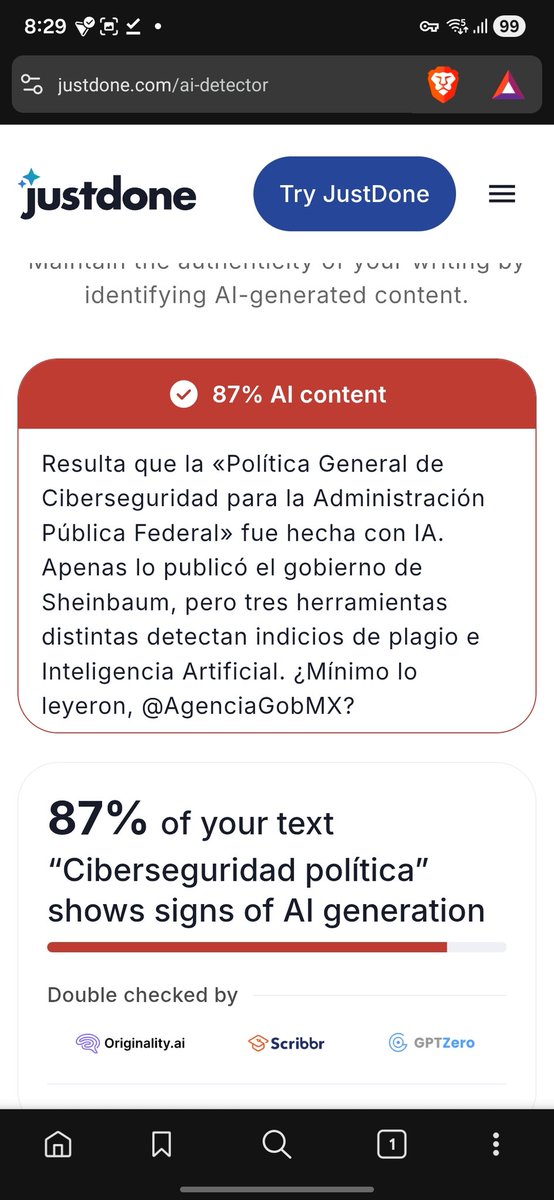 Bienvenidos al porque NO debes usar este tipo de plataformas para "detectar IA". Si subes la Constitución Mexicana te da este tipo de resultados. ¡es mas! si pegamos el tuit de <a href="/ivillasenor/">Ignacio Gómez Villaseñor</a> el resultado es el mismo. 
Esas cosas NO sirven si no verifican a nivel de token.