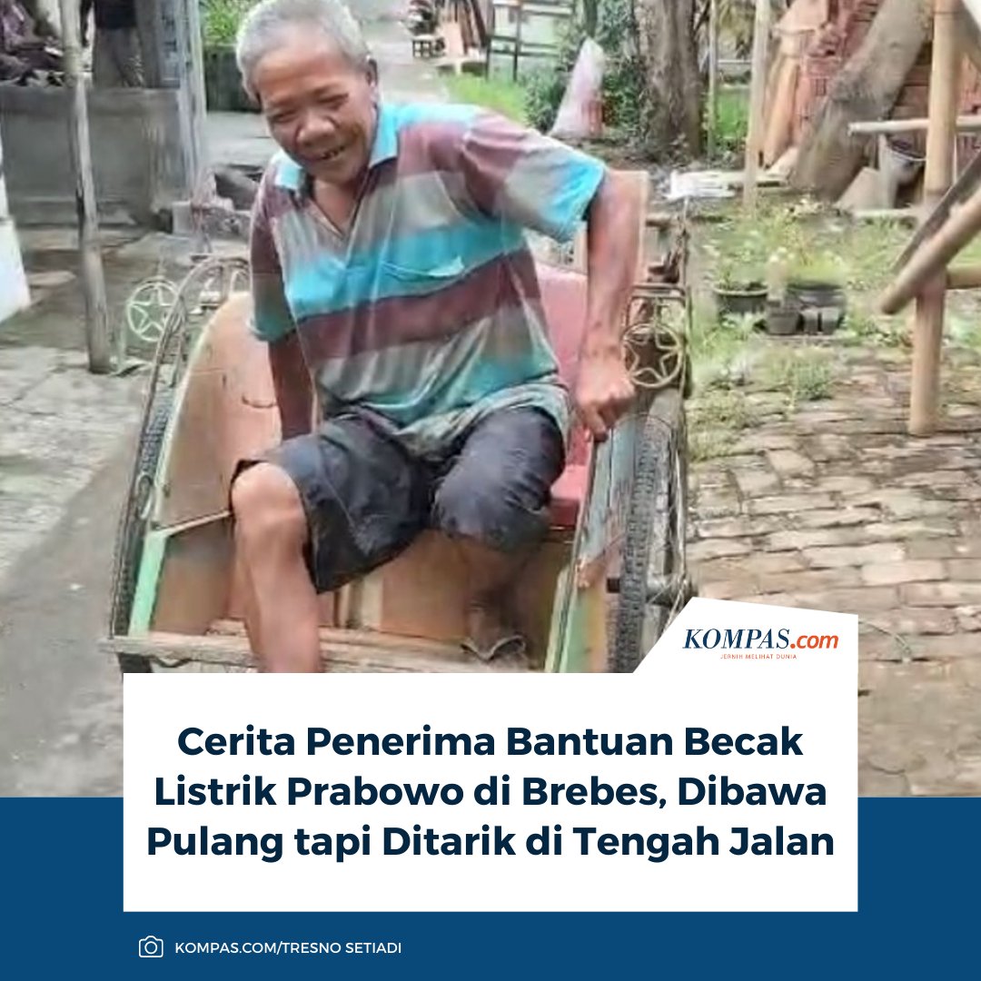 Pengayuh becak bernama Daklan (57), warga Desa Padakaton, Kecamatan Ketanggungan, Kabupaten Brebes, Jawa Tengah, merasa hanya dijadikan atas nama sebagai penerima bantuan becak listrik dari Presiden Prabowo Subianto.

Baca di sini: regional.kompas.com/read/2025/12/1…

~TA #BecakListrik