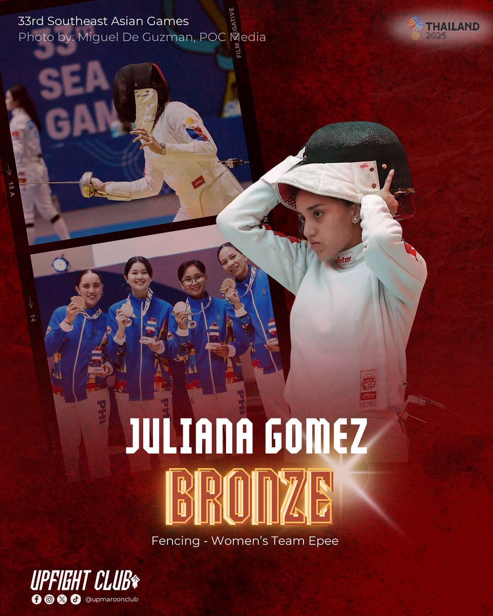 upmaroonclub's tweet photo. FINAL TOUCH ๐ฅ๐คบ
Congratulations to Juliana Gomez for securing bronze as part of the Womenโs รpรฉe Team at the 33rd Southeast Asian Games!
Para Sa Bayan ๐ต๐ญ
#SEAGames2025
#LabanParaSaBayan https://t.co/HROcPN6aXK