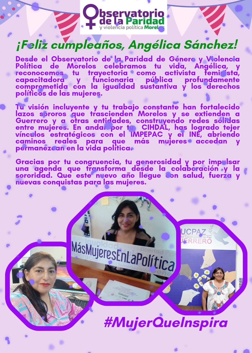 Celebramos la vida de Angélica Sánchez, activista feminista que teje redes sororas y abre caminos para las mujeres en la política. 💜
#AngélicaSánchez #Sororidad #FelizCumpleaños #MujerQueInspira