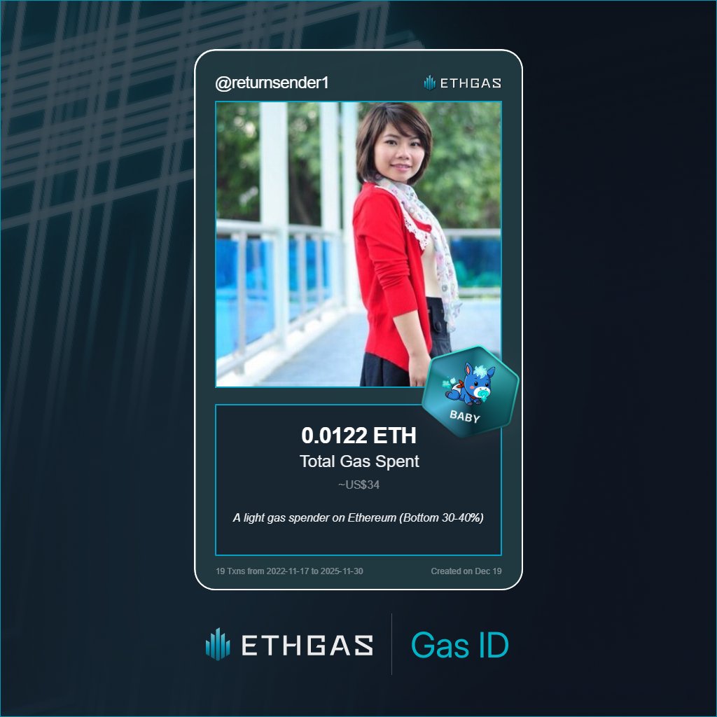 returnsender1's tweet photo. Just unlocked my Gas ID via ETHGas 🪪

I'm a Baby Jack with 0.0122 ETH spent on gas since Beacon Chain - now fueling my climb to the Gasless Future and earned 2 Beans already. 

Reveal yours at https://t.co/0E2lE9Ixsc https://t.co/wCxwZM3efv