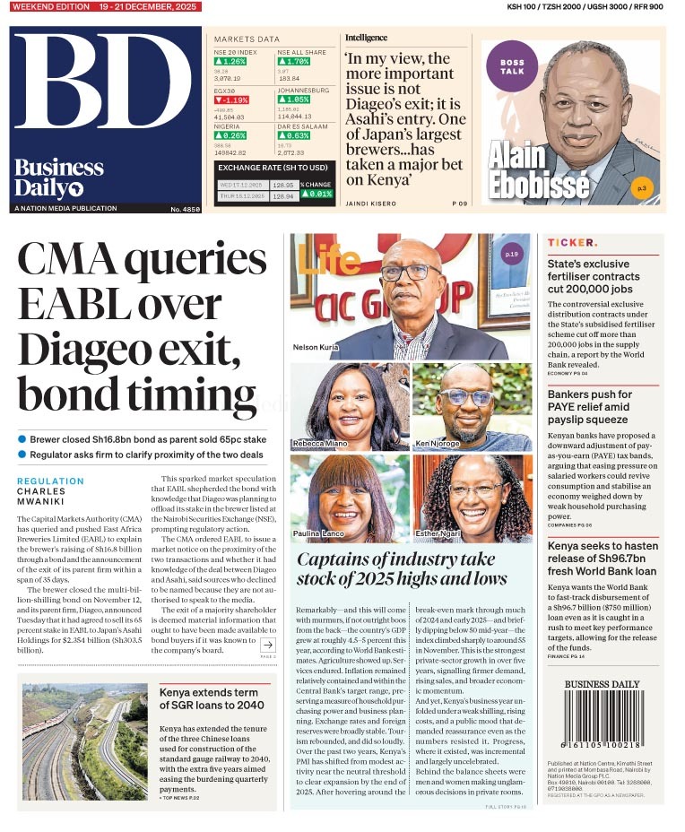 BD_Africa's tweet photo. CMA queries EABL over Diageo exit, bond timing 

Dec 19, 2025 🗞️ 📊

Read the epaper here: https://t.co/1SuvRDoBBz https://t.co/LgfY4X95yR
