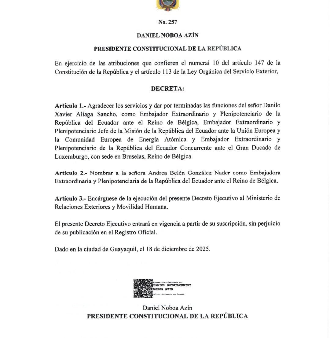 Es un honor haber sido designada Embajadora de Ecuador ante el Reino de Bélgica. Agradezco al Presidente <a href="/DanielNoboaOk/">Daniel Noboa Azin</a> y a la Canciller por la confianza. 

Asumo este reto con el compromiso de afianzar nuestros vínculos, trabajar por nuestros ciudadanos y fortalecer la lucha