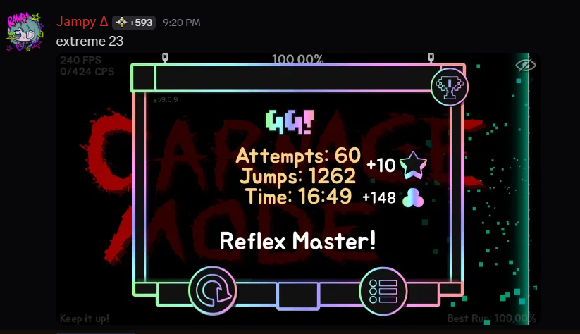 Mención Honorables 🔥🗣️
El jugador <a href="/Luminarykebab_/">Sawyer</a> se acaba de pasar "Fury of 500" y es su NEW HARDEST
El jugador <a href="/jampyxy121/">Jampy</a> se acaba de pasar Carnage Mode siendo así su extreme demon #23
GG a los dos 🔥