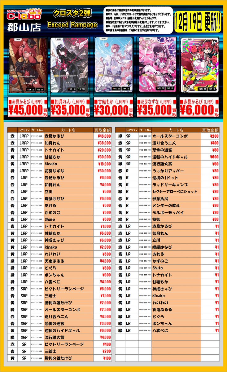 クロスタ 買取情報】 クロススターズ第2弾 Exceed Rampageの買取表に