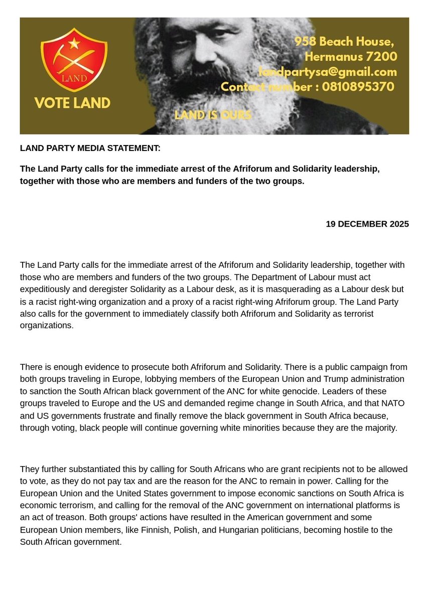 gndzongana's tweet photo. The @LandPartySA calls for the immediate arrest of the @afriforum and @solidariteit leadership, together with those who are members and funders of the two groups. https://t.co/CjLQmkYJdE