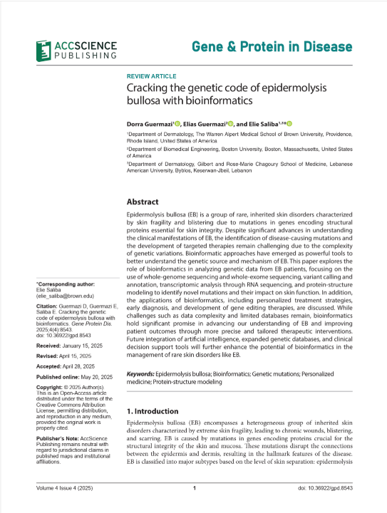 GPD_ASP's tweet photo. New review: "Cracking the Genetic Code of Epidermolysis Bullosa with Bioinformatics"

by Dorra Guermazi, Elias Guermazi &amp; Elie Saliba

📄 Open access:

https://t.co/cY6f1jBkTi

#EB #Bioinformatics #RareDisease #Genomics #GPD #OpenScience https://t.co/FLYNlX8bds