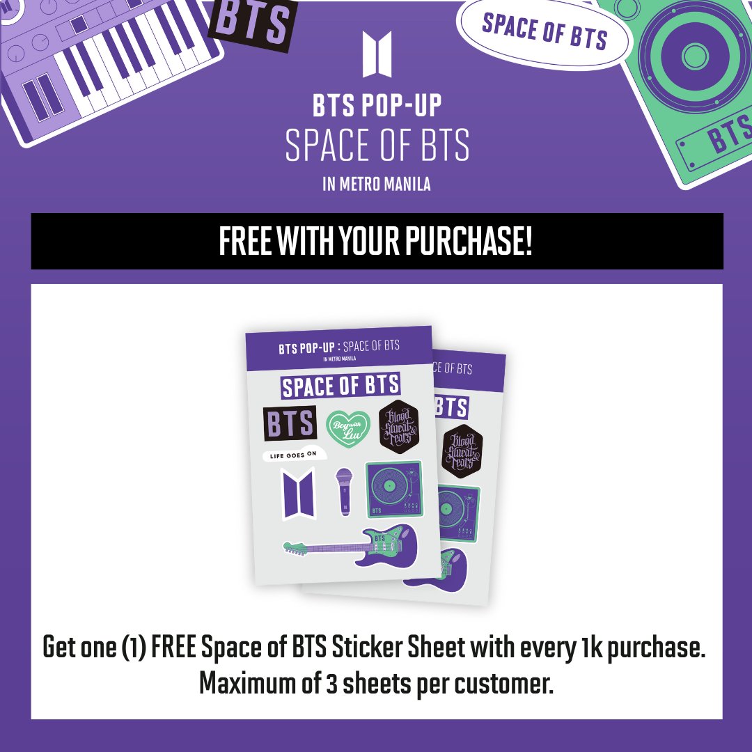 BTS POP-UP : SPACE OF BTS in Metro Manila

Aaaaand, D-Day has come!

Visit the Space of BTS as we open our doors to give you another one-of-a-kind shopping experience with your favorite merch collection and our very own worldwide handsome’s goodies!

Get a free Space of BTS