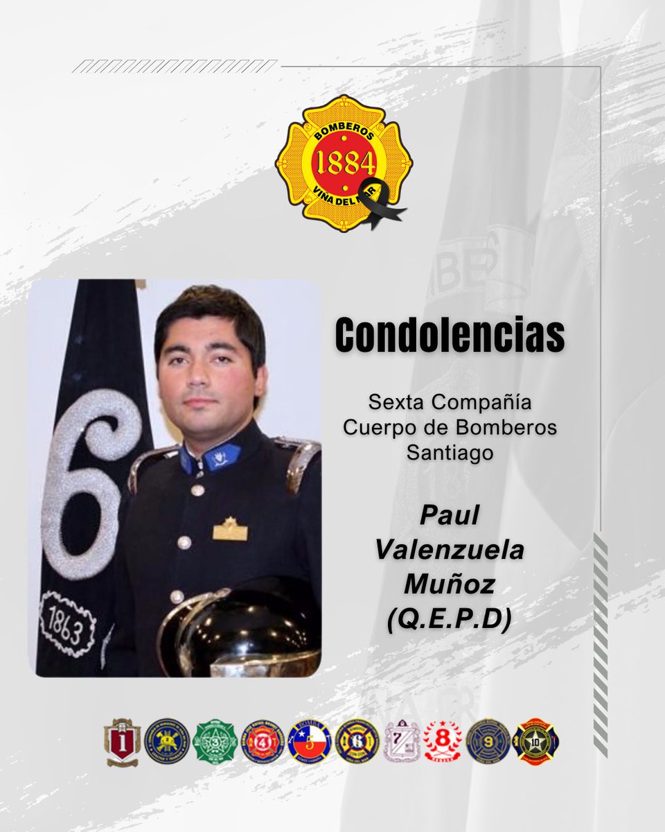 A nombre de la Comandancia de <a href="/bomberosvina/">Bomberos ViñadelMar</a>, acompañamos con profundo dolor a la 6ta Cía y al <a href="/cbsantiago/">Cuerpo de Bomberos de Santiago</a> por la lamentable pérdida del Ayudante Primero Paul Valenzuela Muñoz (Q.E.P.D.), caído en acto de servicio, quien vivirá por siempre entre los bomberos de todo el país.