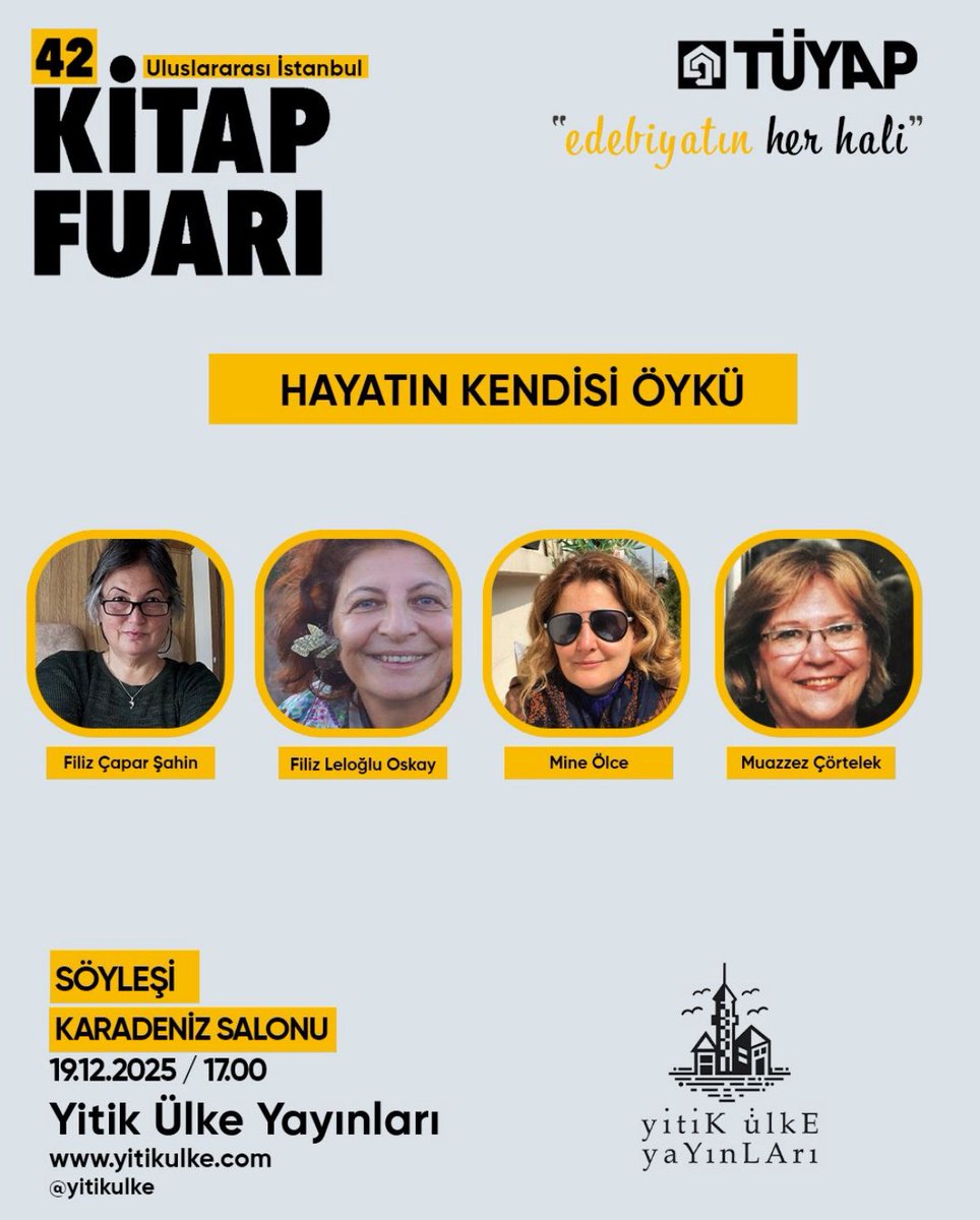 Tüyap Kitap Fuarı söyleşimize bekleriz. 🤩 19 Aralık  Saat 17:00. 🤗 Öncesi ve sonrasında da kitaplarımızı imzalıyoruz. Gelirseniz sohbet ederiz, çay, kahve içeriz. <a href="/yitikulke/">Yitik Ülke</a>  ’nin birbirinden harika kitaplarını  incelersiniz. Tohum ve kitap hediye ederiz. Daha ne olsun?
