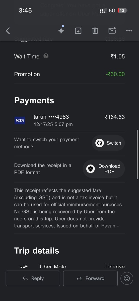 VijCharchit's tweet photo. @UberIN_Support @Uber_India 
Reg - charchit.sup@gmail.com

On 17 of December , i was booking an uber bike and when i tried to pay the uber. It took an charge of 164 rs from my credit card which i was not supposed to pay
It is unethically charged to my account and it is debited https://t.co/K5swwOB1Fo