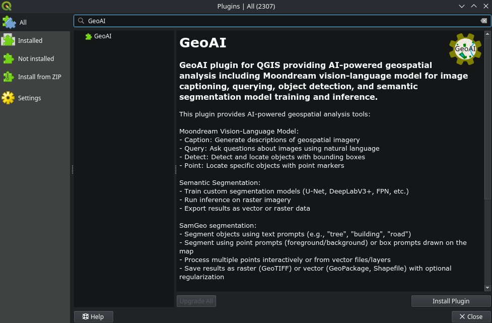 giswqs's tweet photo. 🌟 The GeoAI QGIS Plugin v0.3.0 has officially been released! It has transitioned from an experimental phase to become a fully-fledged official plugin!

The smoothify package has been integrated into the GeoAI package to enhance AI-derived natural features, such as water bodies.

With just a few clicks, you can now harness the power of AI-driven spatial analysis directly within your QGIS workflow!

Important: For a smooth installation, make sure you install QGIS via conda-forge, so it’s compatible with PyTorch and other GeoAI dependencies.

🔗 Plugin Page: https://t.co/MkQtooIWL6
📖 Installation Guide: https://t.co/m6Kqs0KEut
📺 Full video tutorial: https://t.co/v4sr3C9nVk

👍 Like the plugin? Show your support by giving it a thumbs up on the official plugin page!

#QGIS #GeoAI #OpenSource #Python