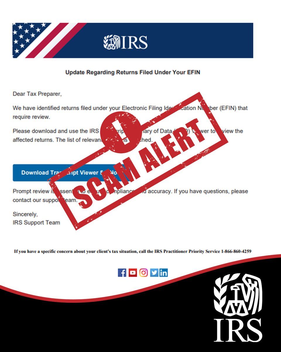 IRStaxpros's tweet photo. #TaxPros: The #IRS urges you to be on the lookout for email schemes aimed at stealing client data and your identity. Learn to recognize the warning signs of a phishing scam and report them: https://t.co/YYgBTLnikn https://t.co/4ECOeShrKt