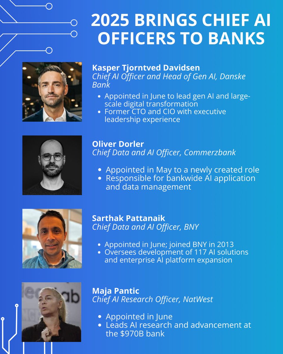 FinAi_News's tweet photo. BNY, @WellsFargo and @NatWestGroup, among others, appointed chief AI officers in 2025, reflecting the global shift toward AI-led strategy in banking.

Join us at the FinAi Banking Summit, March 2-3 in Denver to hear from industry AI leaders. Register now: https://t.co/wkLXPUHbjM https://t.co/vefcRlydfY