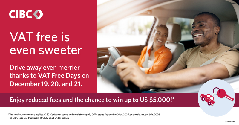#Antigua This weekend is vat free! Drive away this season with a pe-approved vehicle loan December 19th, 20th, and 21st. 

Enjoy waived loan application fees, the chance to win US$5000*, a pre-approved CIBC Caribbean
Credit Card with bonus reward points and more!

Call us today