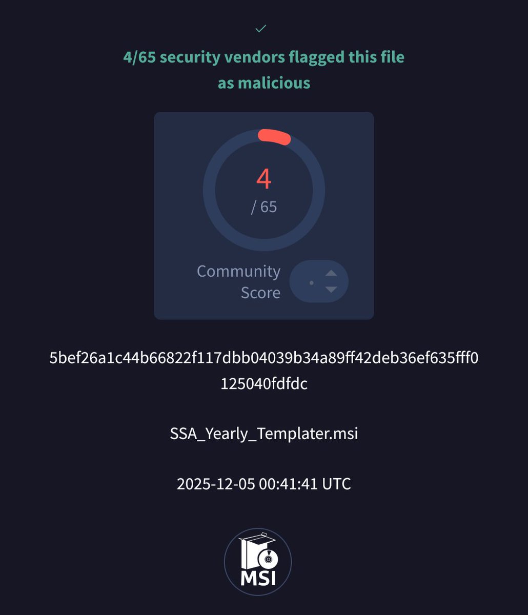 'SSA_Yearly_Templater.msi' seen from Australia <a href="/abuse_ch/">abuse.ch</a>
bazaar.abuse.ch/sample/5bef26a… 
hxxps://sas-portal(.)com/check/SSA_Yearly_Commander.msi
