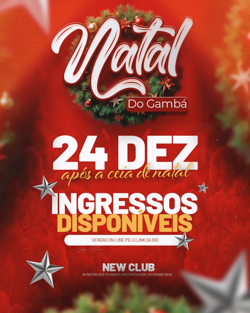 🎄🔥 NATAL DO GAMBÁ 🔥🎄

O Natal mais insano de Charqueadas já tem data, hora e lugar pra acontecer.

Na virada do dia 24/12, a partir das 23:59, Charqueadas vira palco de uma noite sem freio.

Ingressos disponíveis: sympla.com.br/evento/natal-d…