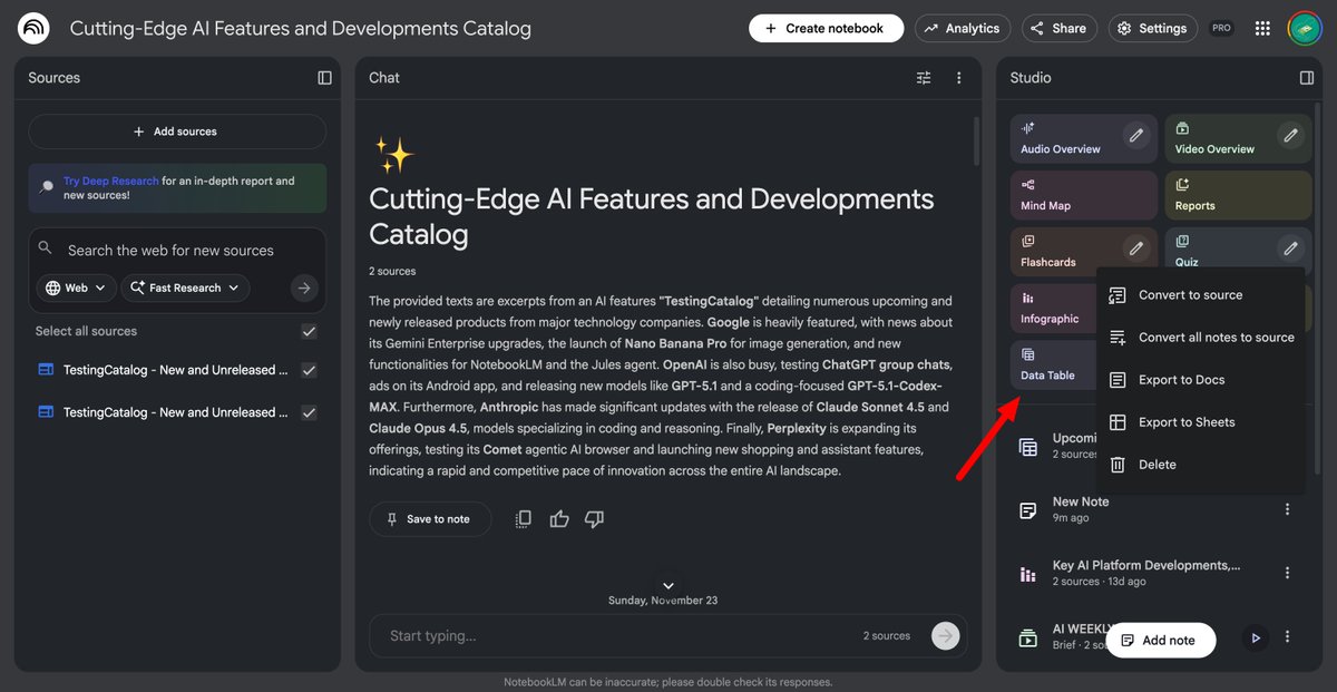 notebooklm data-table ui