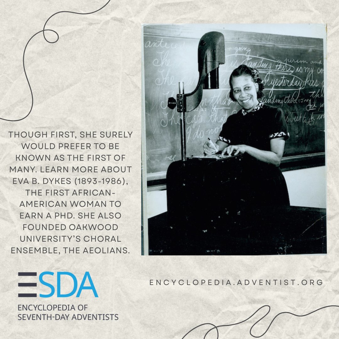 EncyclopediaSDA's tweet photo. Though first, she surely would prefer to be known as the first of many. Learn more about Eva B. Dykes (1893-1986), the first African-American woman to earn a PhD. She also founded Oakwood University’s choral ensemble, the Aeolians. https://t.co/fSrlHSC0rV #AdventistHistory @NADadventist