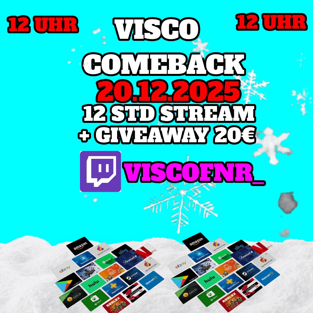 COMEBACK!!!!

WENN ICH BEI DEN GEWINNSPIEL TEILNEHMEN MÖCHTET

• FOLLOWER BEI TWITCH ⬇️
twitch.tv/viscofnr_
• Im Stream dabei sein
• Der Preis wird am 31.12 ausgelost IM STREAM 
• Du kannst wenn du gewonnen hast beliebig eine Gift Card nach Wahl sich aussuchen 

👋