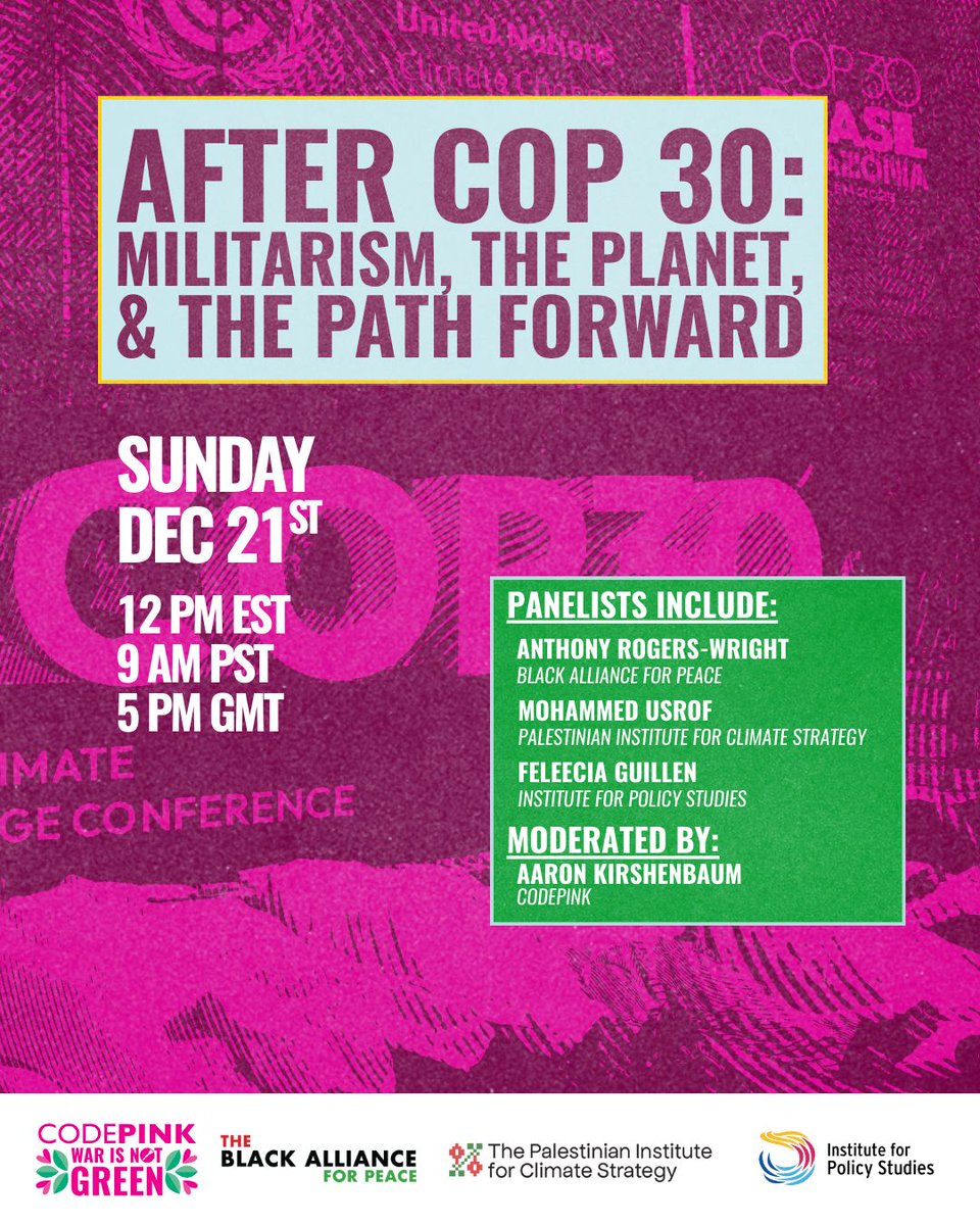 codepink's tweet image. JOIN US THIS SUNDAY 💗 🌍 

Join us in conversation with representatives from organizations who were in Belém for this year's COP to discuss takeaways, reflections, and most importantly, the path forward in organizing to break down movement silos and unite against Earth's biggest…