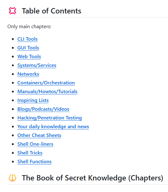 zahidoverflow's tweet image. All tools + notes + resources in one place. one of the go-to knowledge base for building, debugging, and learning. ⚡️🗂️

🔗 https://github/com/trimstray/the-book-of-secret-knowledge