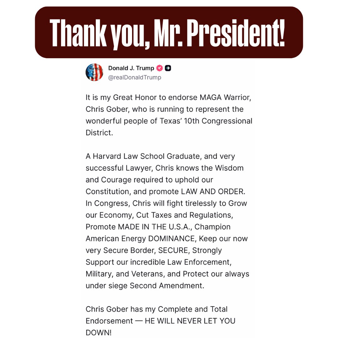 HUGE endorsement from President Trump! Thank you <a href="/POTUS/">President Donald J. Trump</a> for your support — I will not let you down sir.

I have spent my career delivering wins for our conservative movement and President Trump's America First Agenda. I will not let Democrats in Congress stand in the way of
