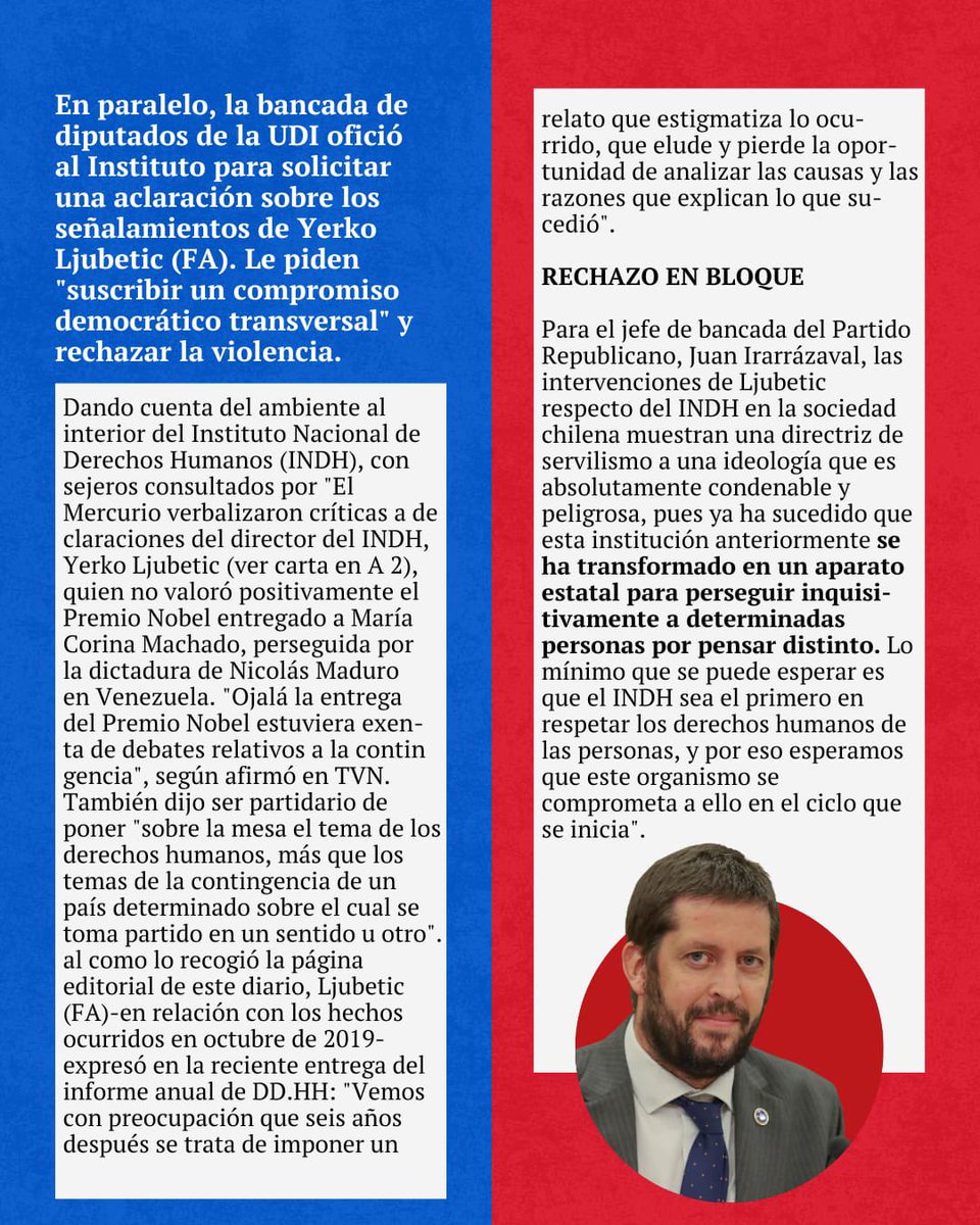 🚨Las intervenciones de Ljubetic sobre el INDH revelan un servilismo ideológico peligroso y condenable. 
No es aceptable que una institución llamada a proteger los DD.HH. se transforme en un aparato de persecución contra quienes piensan distinto.