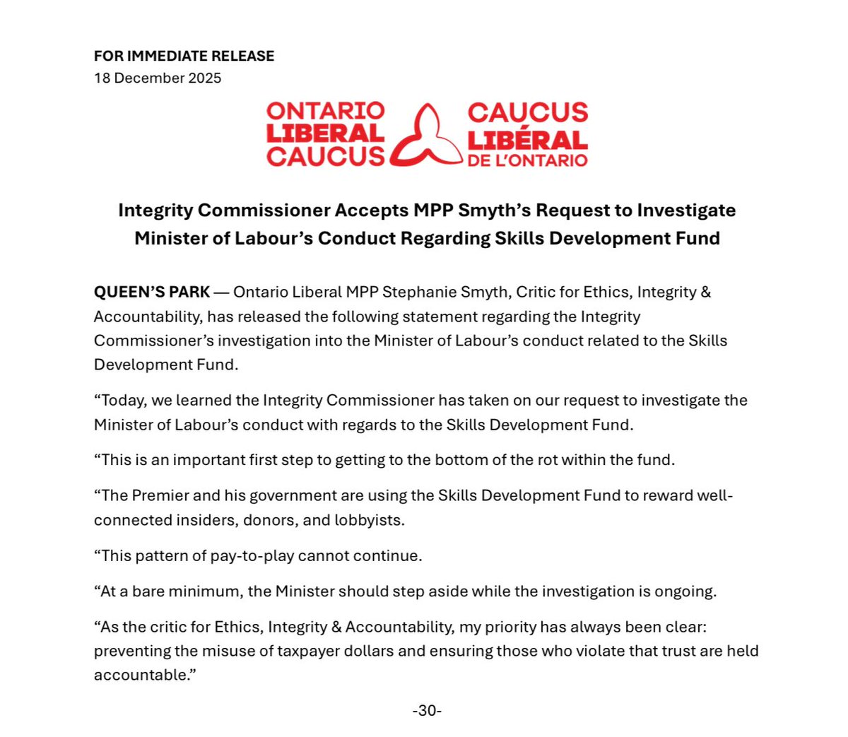 Today, we learned the Integrity Commissioner has taken on <a href="/stephaniesmyth/">Stephanie Smyth</a>’s request to investigate <a href="/DavidPiccini/">David Piccini</a>’s conduct regarding the Skills Development Fund.

This is a critical first step to getting to the bottom of the rot — and restoring integrity at Queen’s Park.

#onpoli