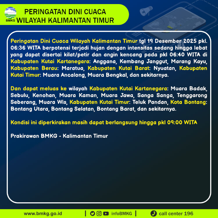 Update Peringatan Dini Cuaca Wilayah - Kalimantan Timur Tgl. 19 Desember 2025 pkl. 06:40 WITA
Prakirawan - BMKG - Kalimantan Timur
nowcasting.bmkg.go.id/nowcast?kodwil…