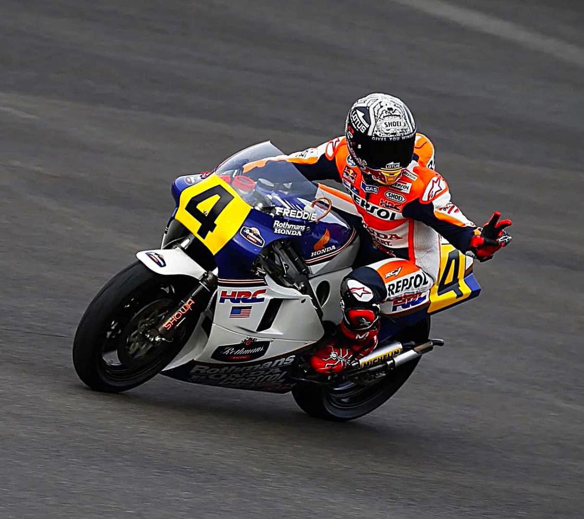 everythingmrace's tweet image. That time Marc Marquez got a taste of Freddie Spencer’s NSR500 at Honda Thanks Day 🔥

#MotoGP