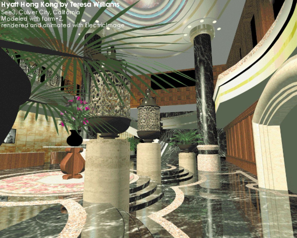 RetroTechDreams's tweet photo. 90s 3D art. Hyatt Hong Kong by Teresa Williams (1993). I got this render from a CD-ROM included in a 3D rendering book that I bought from Borders. https://t.co/fQbX0IhXOx