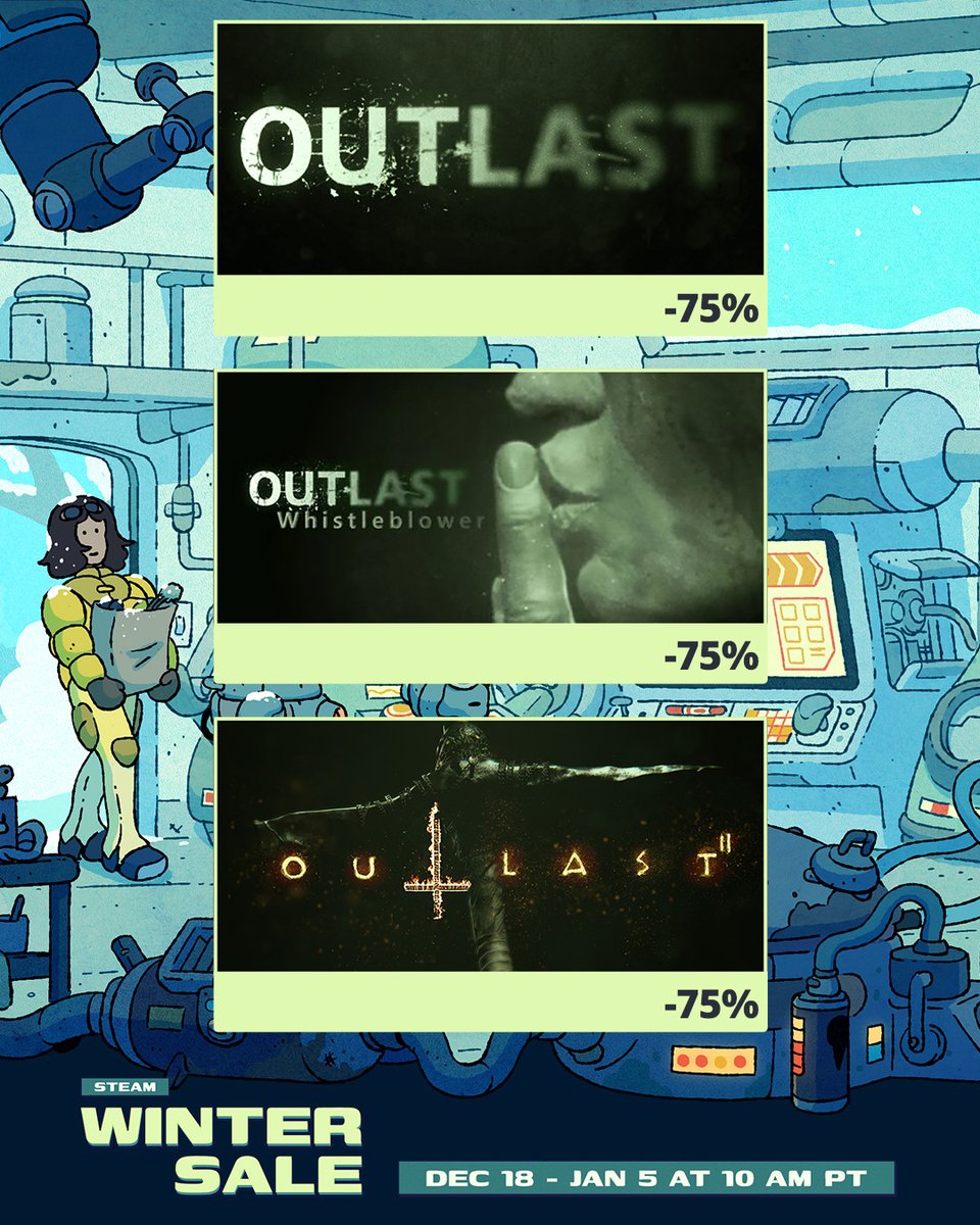 TheRedBarrels's tweet image. The #SteamWinterSale has started! 🥶 Venture into the world of #Outlast this holiday season and send the gift of chilling terror to someone who hasn't experienced it yet! 🎁 Sale ends Jan 5th at 10am PT