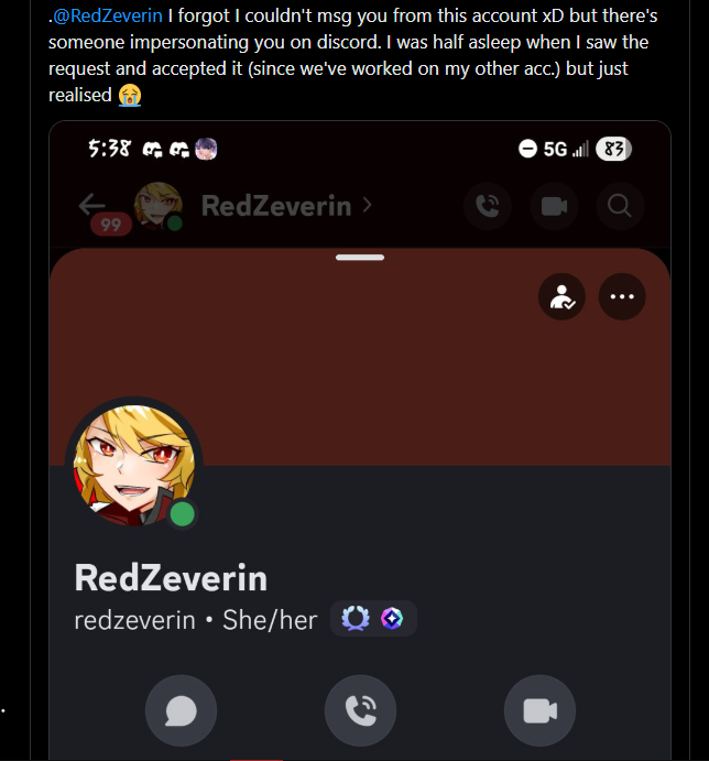 RedZeverin's tweet photo. ‼️⚠️ I've been notified that someone is impersonating me in Discord and they're specifically targetting my clients⚠️‼️
Dont send them anything! Please report the account and block them!!
That account joined on Nov 14, 2025, but my main account has been here since 2017! https://t.co/NTX81QJtBS