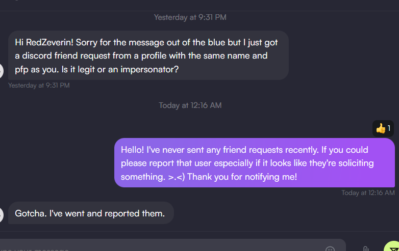 RedZeverin's tweet photo. ‼️⚠️ I've been notified that someone is impersonating me in Discord and they're specifically targetting my clients⚠️‼️
Dont send them anything! Please report the account and block them!!
That account joined on Nov 14, 2025, but my main account has been here since 2017! https://t.co/NTX81QJtBS