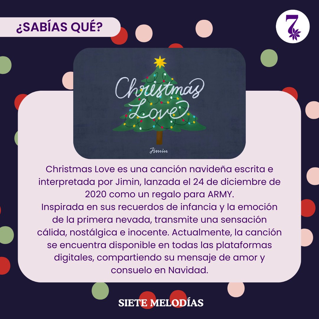 SieteMelodias's tweet photo. Jimin transforma recuerdos, nostalgia y emoción en una canción que reconforta el corazón y nos recuerda la magia de los pequeños momentos✨
Perfecta para estas fechas, ¿Ya la escuchaste hoy?🎄💜
#jimin #jiminchristmaslove #christmaslove #parkjimin #bts #btschristmas https://t.co/ppV6o0QJVA