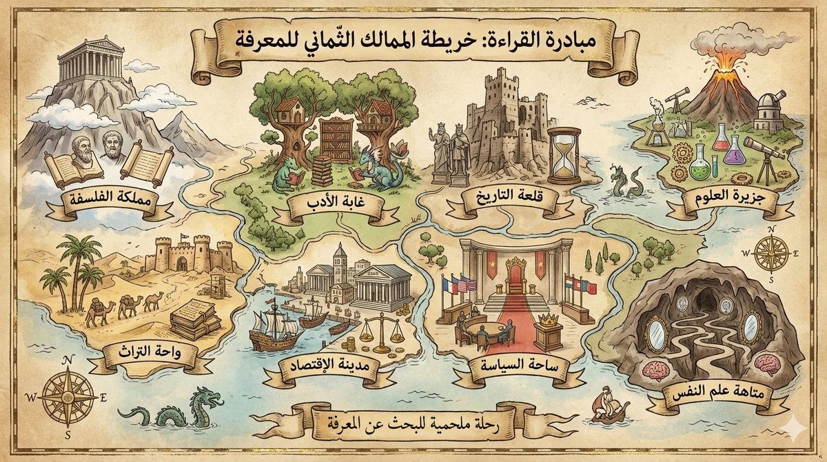 مبادرة القراءة المنهجية: المستوى الأول
فئات خطة 2026 (حوالي 40 كتاب)

- فلسفة
- أدب
- علوم
- تاريخ
- تراث
- إقتصاد
- سياسة
- علم نفس

الرحلة الملحمية عبر الممالك الثماني للمعرفة للبحث عنها والحصول عليها.
(خيم الضباب على الأجواء، وبدت الرحلة مستحيلة، حتى لاحت في الأفق قمة معبد...)