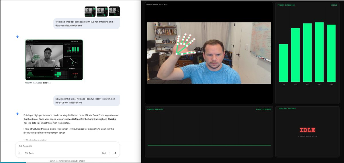 peteskomoroch's tweet image. Not a perfect copy, but Gemini 3 came pretty close in one-shot. The hand-tracking and finger extension works, missed the heatmap widget and gesture is buggy. The model would probably do better with a video clip vs. images. Took 1 minute start to finish 🤯