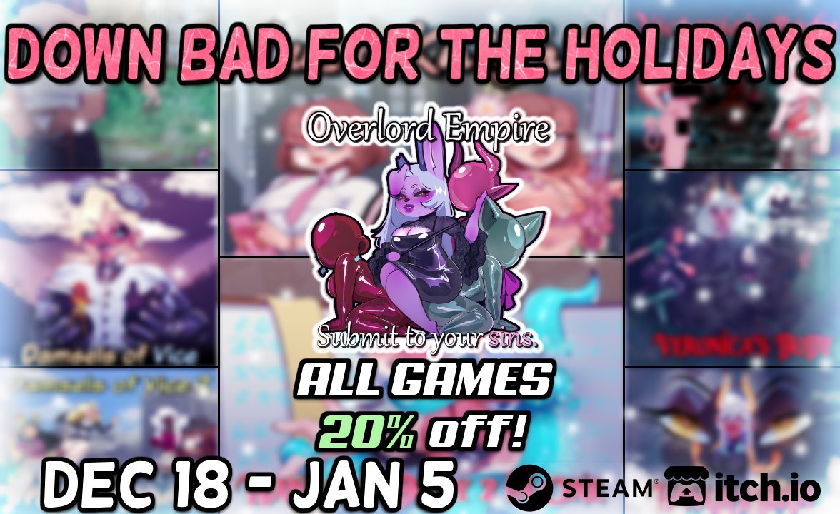 LustfallGame's tweet image. Tis the Season for Sales, so if you're down bad for a good deal on better games, look no further than the "Down Bad for the Holidays" sale!  Steam and Itchio, all games and DLC are a whopping 20% off!  

store.steampowered.com/developer/over…

itch.io/s/175984/down-…