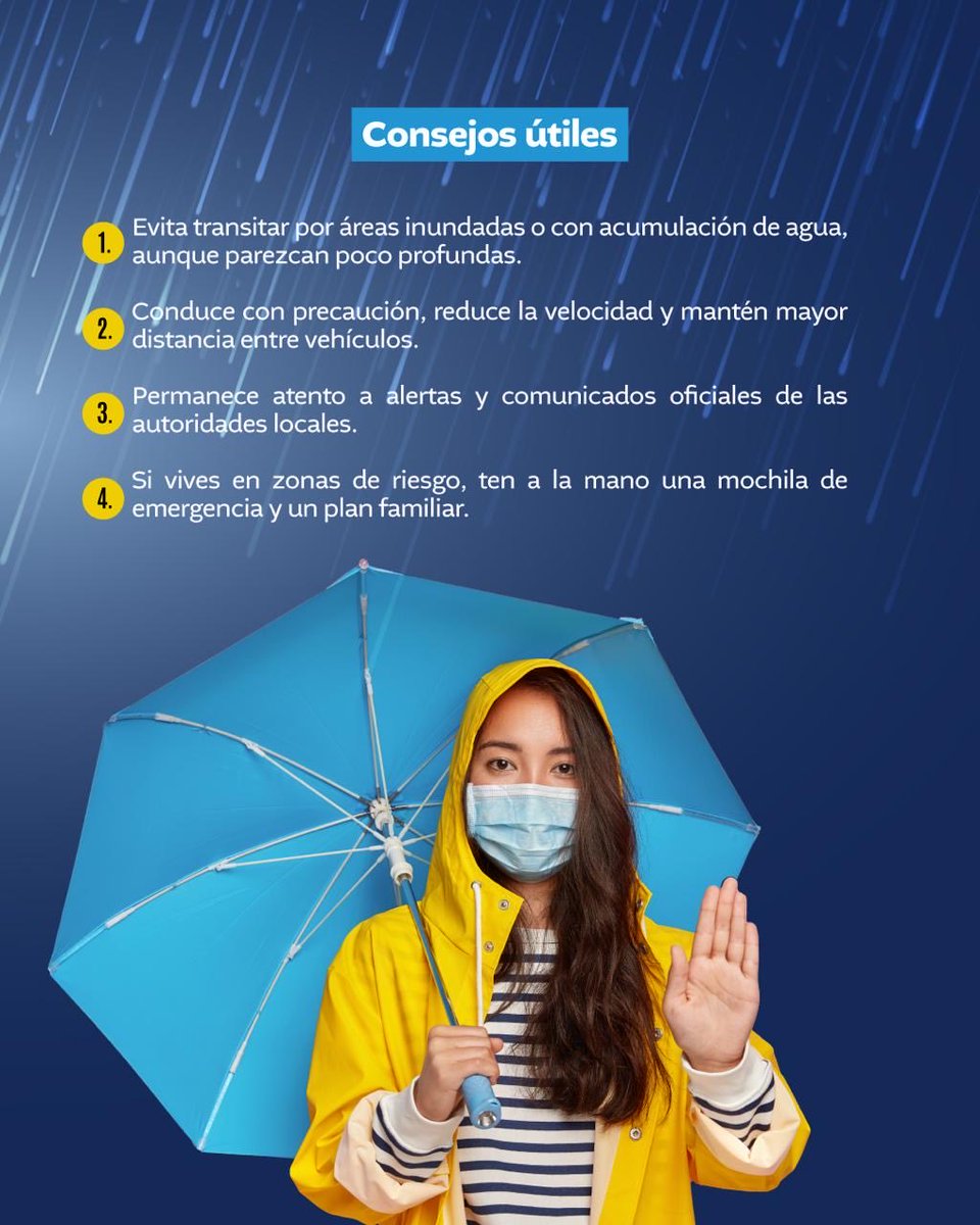🌧️ Aviso de Precaución por Lluvias 🌧️

Debido a las lluvias que se presentan hoy en el país, te recomendamos tomar precauciones:
⚠️ Evita zonas inundadas
🚗 Conduce con cuidado y reduce la velocidad
🏠 Mantente informado por canales oficiales

Cuidémonos entre todos. 💙