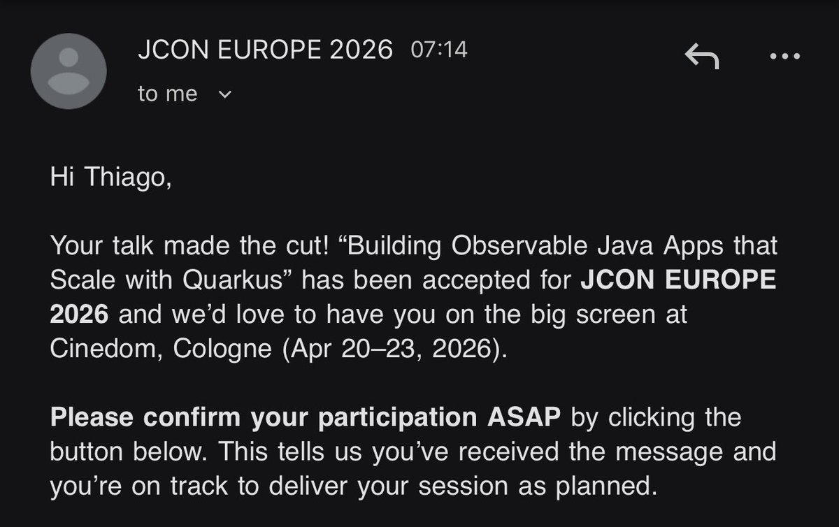 devops_thiago's tweet image. Yay! I've been accepted as a speaker at the @jcon_conference 2026 in Cologne. I'll be talking about “Building Observable Java Apps that Scale with Quarkus.” Can't wait to meet Java folks there in April, 20-23!

#JCON2026 #Java #Quarkus #Observability #OpenTelemetry #CloudNative…