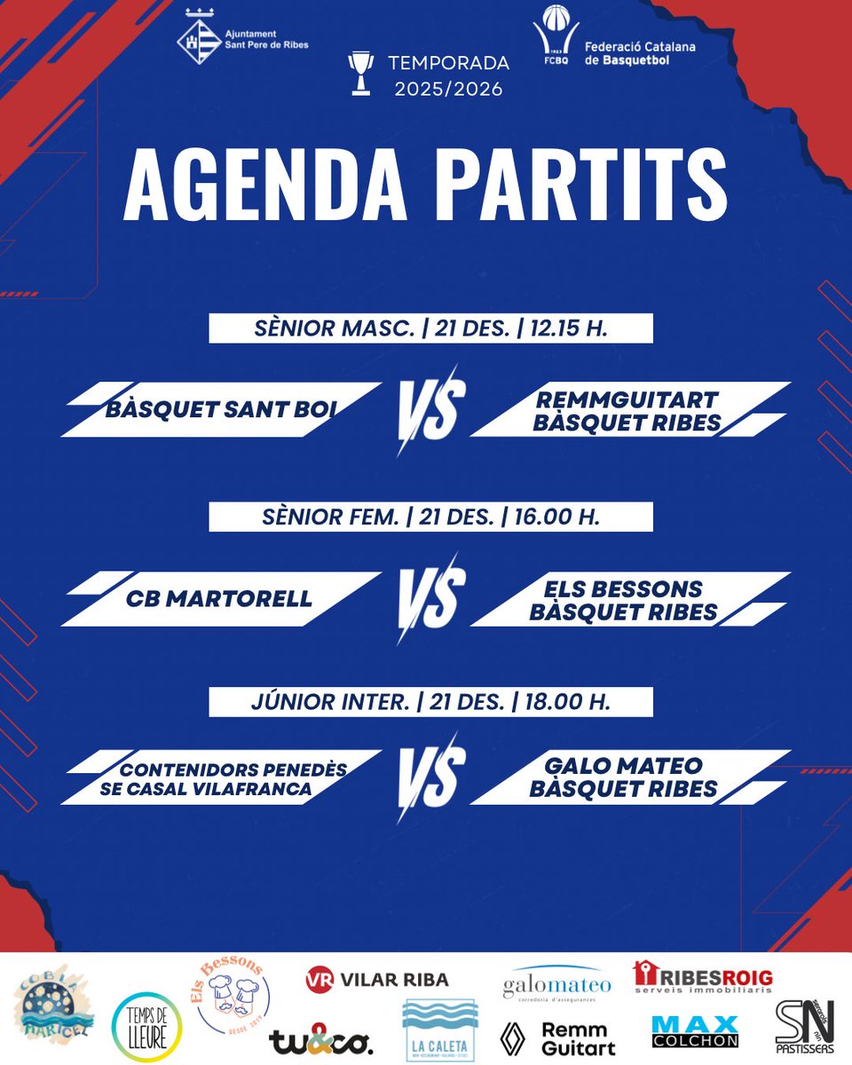 📅 Agenda de partits d'aquest cap de setmana.
#basquetribes #adnribes #spribes #esportribeta 
<a href="/santperederibes/">Sant Pere de Ribes</a> <a href="/REMMGUITART/">Renault REMM GUITART</a> <a href="/tuandco_/">Tuandco</a> <a href="/VilarRiba/">Vilar Riba</a> <a href="/Maxcolchon/">Maxcolchon</a> <a href="/Ribesroig/">RibesRoig</a> <a href="/TempsdeLleure1/">Temps de Lleure</a> <a href="/CBAbrera/">CBAbrera</a> <a href="/CESantNicolau/">CE Sant Nicolau</a> <a href="/CBIgualada/">CBIgualada</a> <a href="/ElsMonjosBC/">ElsMonjosBC</a> <a href="/basquetsantboi/">Bàsquet Sant Boi</a> <a href="/CB_Martorell/">Bàsquet Martorell</a> <a href="/SECASAL/">SE CASAL VILAFRANCA</a>