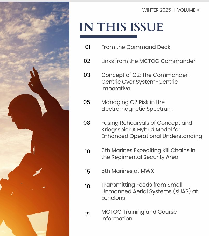 The Winter 2025 "Sand Table" from #MCTOG is a masterclass in modern Command &amp; Control for the GCE. The focus:  Empowering commanders, managing electronic signatures, and fusing wargaming with rehearsals to build adaptive leaders. #USMC #ManeuverWarfare

drive.google.com/file/d/1a094rH…