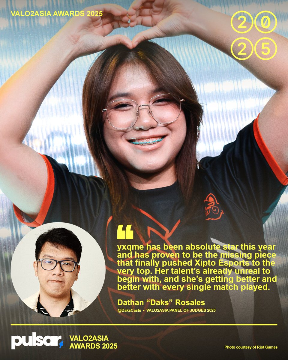 VALO2ASIA's tweet photo. #3 PACIFIC GC - yxqme (Surassawadee Khongpechdee)

"The biggest surprise of 2025- yxqme has been absolute star this year and has proven to be the missing piece that finally pushed Xipto Esports to the very top. Her talent's already unreal to begin with, and she's getting better and better with every single match played. 

This is one player to watch out for, and she's just getting started.” - Dathan "Daks" Rosales (@DaksCasts)

#TheVALO2ASIAAwards 2025 is brought to you by @PulsarGears