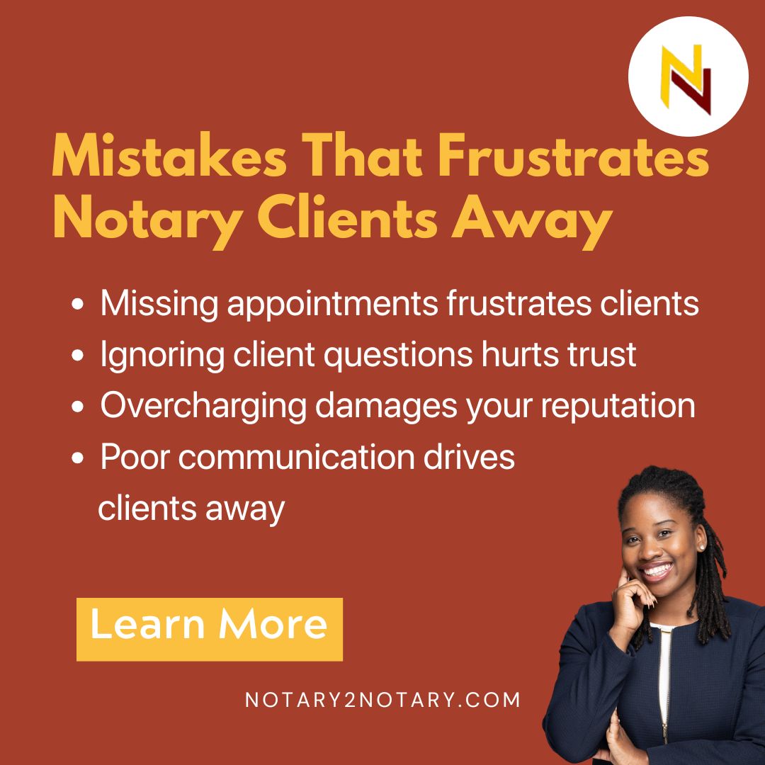 Notary2Notary's tweet image. Keep your clients happy and loyal! Avoid missed appointments, unclear fees, and poor communication to ensure they keep coming back.
#NotaryTips #ClientRetention #MobileNotary #SmallBusinessGrowth #ProfessionalNotary