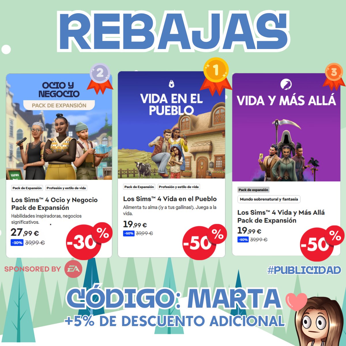martamartius's tweet image. 🎁REBAJAS de NAVIDAD hasta el 5 de ENERO🎁

Descuentos de hasta el 60% de descuento en los packs de Los Sims 4 y 5% adicional si usáis el código de un creador de contenido en el apartado de "código promocional" en el carrito

Mi código de creadora es MARTA✨#EAPartner
