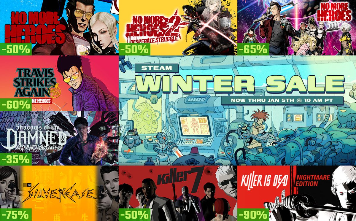 Check out all the GhM titles on sale during the Steam Winter Sale, including the entire No More Heroes series (yes, even Travis Strikes Again)! 🦗❄️
store.steampowered.com/search?term=%2…

And while you're there, make sure to give ROMEO IS A DEAD MAN a good ol' WISHLIST! 🤘