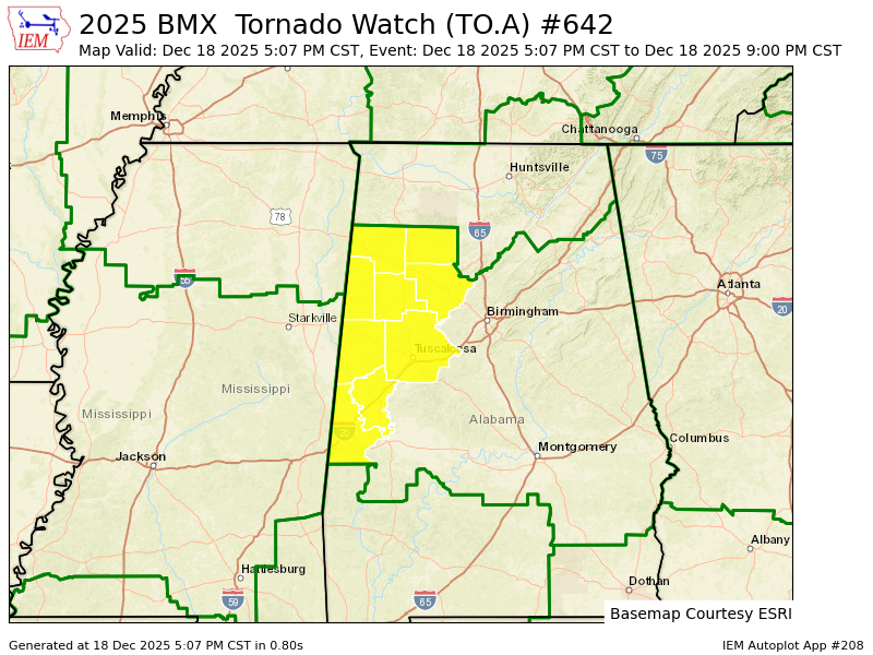 BMX issues Tornado Watch for Fayette, Greene, Lamar, Marion, Pickens, Sumter, Tuscaloosa, Walker, Winston [AL] till Dec 18, 9:00 PM CST mesonet.agron.iastate.edu/vtec/f/2025-O-…